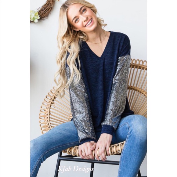 ❤️LAST! V Neck Midnight Blue Super Soft Sequin Sleeve Top! - Picture 2 of 16